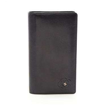 CHANEL Butterfly Camellia Zip Long Wallet Bifold purse leather Black Used SHW CC
