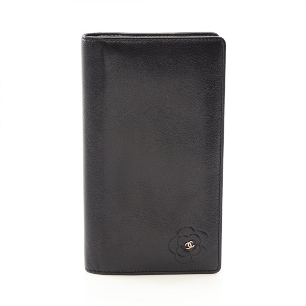 CHANEL Butterfly Camellia Zip Long Wallet Bifold purse leather Black Used SHW CC