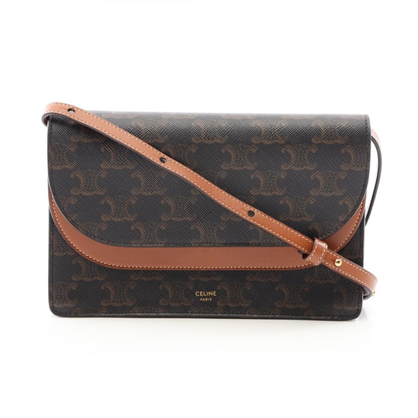 CELINE TAN Triomphe Shoulder Crossbody Bag Canvas leather Black Brown Used women