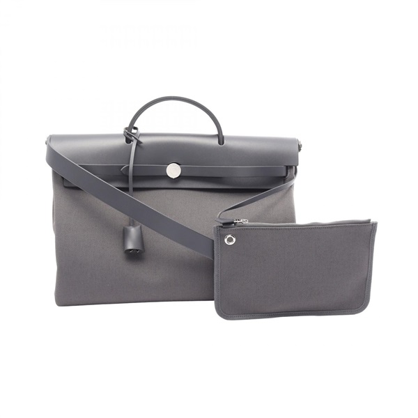 HERMES Herbag Zip Messenger 39 Shoulder Handbag Hunter leather canvas Gray K SHW