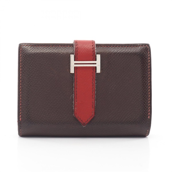 HERMES Bearn Mini Card Case Epsom leather Brown Red Ebene Used Women L SHW
