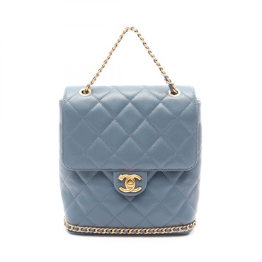 CHANEL Matelasse Camellia Chain Rucksack Backpack Leather Blue Used Women GHW CC