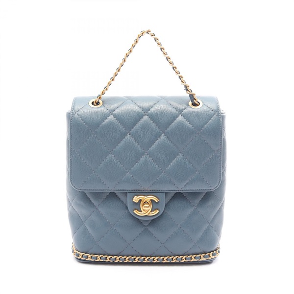 CHANEL Matelasse Camellia Chain Rucksack Backpack Leather Blue Used Women GHW CC