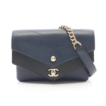 CHANEL Chevron V Stitch Shoulder hand Bag leather Navy Black Used Women GHW