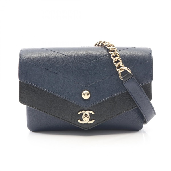 CHANEL Chevron V Stitch Shoulder hand Bag leather Navy Black Used Women GHW