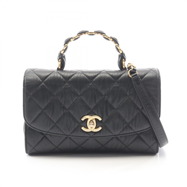 CHANEL Matelasse Top Handle chain Shoulder hand Bag leather Black Used Women GHW