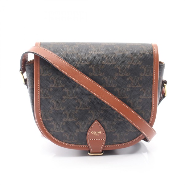 CELINE Folco Medium Triomphe Shoulder Bag canvas leather Black Brown Used Women
