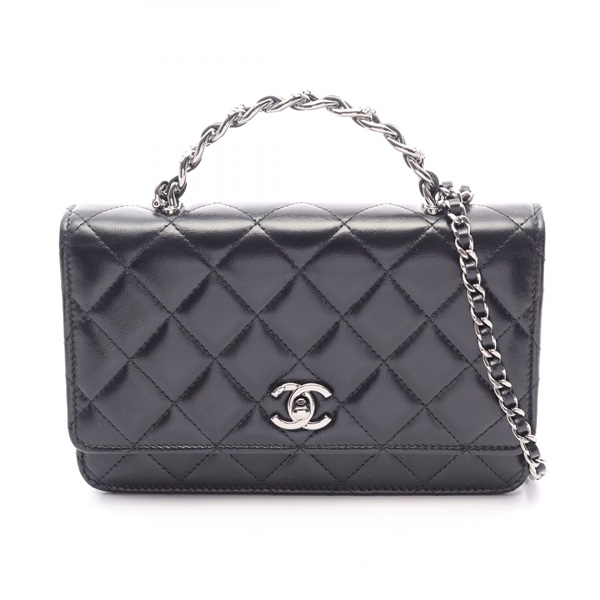 CHANEL Matelasse Top Handle chain crossbody Shoulder Bag Lambskin Black SHW
