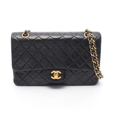 CHANEL Matelasse W flap Chain Shoulder Bag Lamb sheep leather Black Used GHW CC