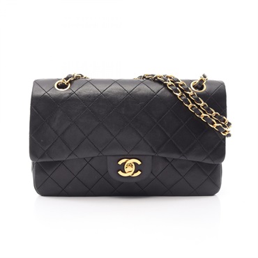 CHANEL Matelasse W flap Chain Shoulder Bag Lamb Sheep leather Black Used GHW CC