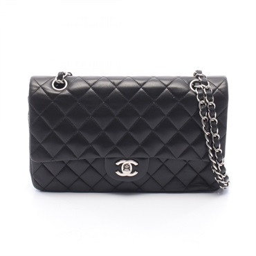 CHANEL Matelasse W flap Chain Shoulder Bag Lamb sheep leather Black Used SHW CC