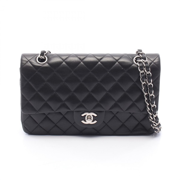 CHANEL Matelasse W flap Chain Shoulder Bag Lamb sheep leather Black Used SHW CC