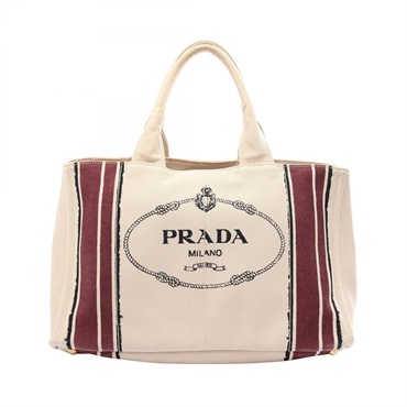 PRADA CANAPA Logo Tote Handbag canvas Beige Bordeaux Black Used Women
