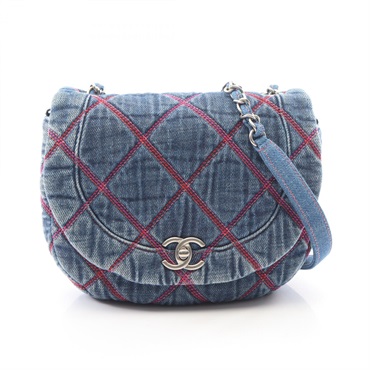 CHANEL Matelasse Round Flap Shoulder crossbody Bag denim Navy Used Women SHW CC
