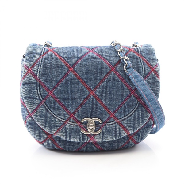 CHANEL Matelasse Round Flap Shoulder crossbody Bag denim Navy Used Women SHW CC
