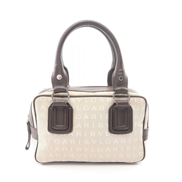 BVLGARI Logo mania Handbag Canvas Leather Beige Brown Used Women