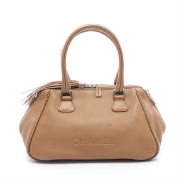 CHANEL Logo fringe Tote Bag leather Beige Used Women SHW CC Coco