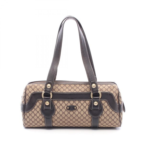 CELINE Macadam Mini Hand Shoulder Bag canvas leather Beige Brown Used Women