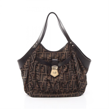 FENDI Zucca Shoulder Handbag canvas leather Beige Brown Black Used Women