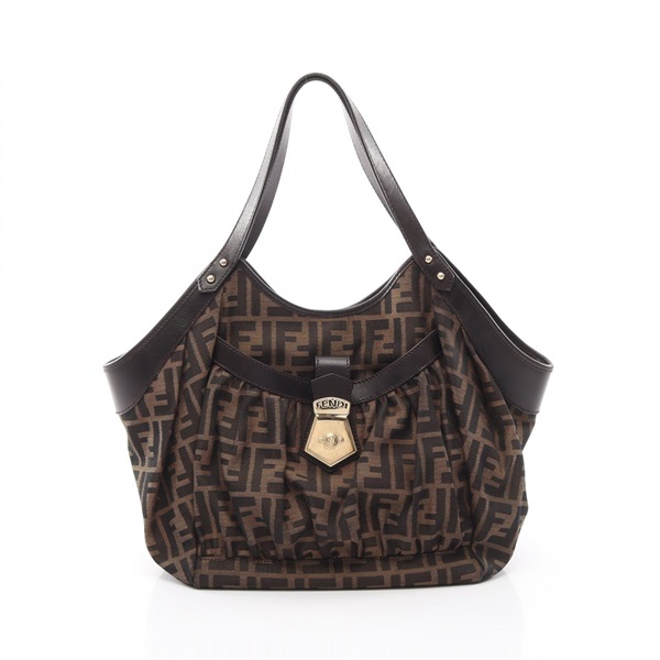 FENDI Zucca Shoulder Handbag canvas leather Beige Brown Black Used Women