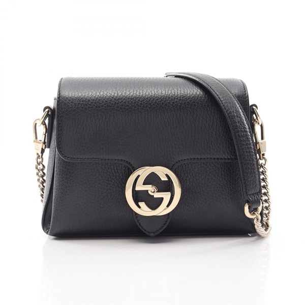 GUCCI Interlocking G Chain Crossbody Shoulder Bag 607720 leather Black Used GG
