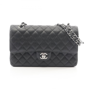 CHANEL Matelasse W flap Shoulder Bag Grained Calfskin leather Black Used SHW CC