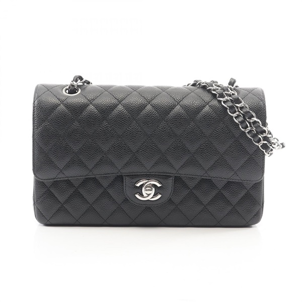 CHANEL Matelasse W flap Shoulder Bag Grained Calfskin leather Black Used SHW CC