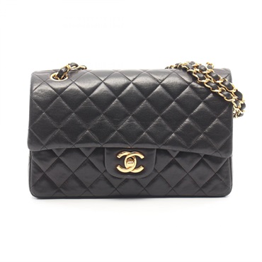 CHANEL Matelasse W flap Shoulder Bag Lambskin sheep leather Black Used Women GHW
