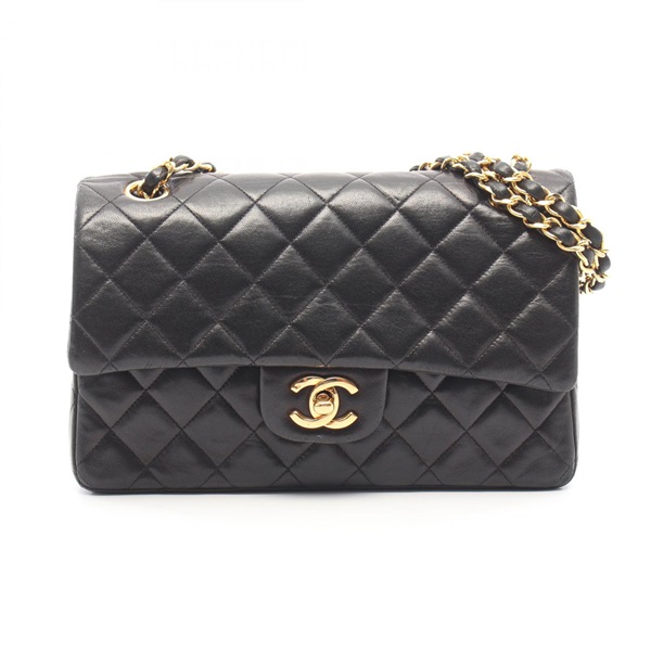 CHANEL Matelasse W flap Shoulder Bag Lambskin sheep leather Black Used Women GHW