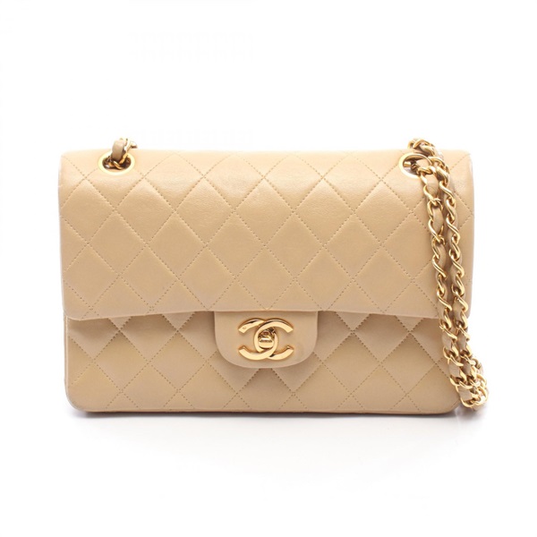 CHANEL Matelasse W flap Chain Shoulder Bag Lamb leather Beige Used Women GHW CC