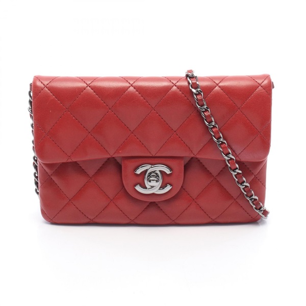 CHANEL Matelasse Small Chain Shoulder Bag 66251 Lamb sheep leather Red Used SHW