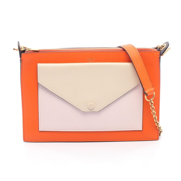 CELINE Tricolor Medium Shoulder Crossbody Bag leather Orange Pink Beige Used