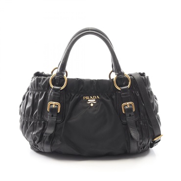 PRADA Gathered 2way Shoulder Tote Bag Nylon leather Black GHW Used Women