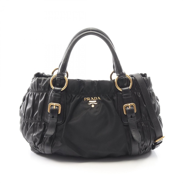 PRADA Gathered 2way Shoulder Tote Bag Nylon leather Black GHW Used Women