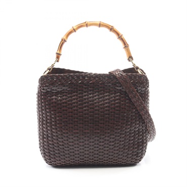 GUCCI Bamboo Woven Shoulder Handbag leather Brown Used Women GG