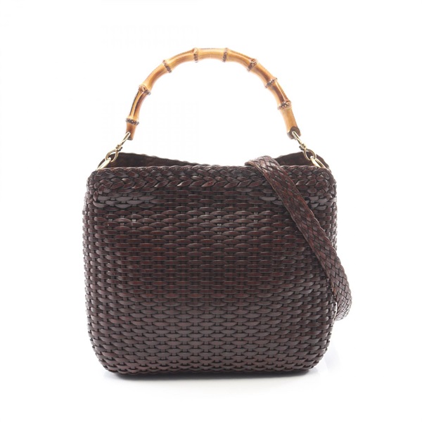 GUCCI Bamboo Woven Shoulder Handbag leather Brown Used Women GG
