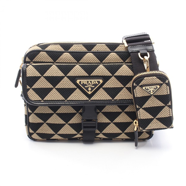 PRADA Symbol embroidery Shoulder Crossbody Bag 2VH133 canvas leather Beige Used