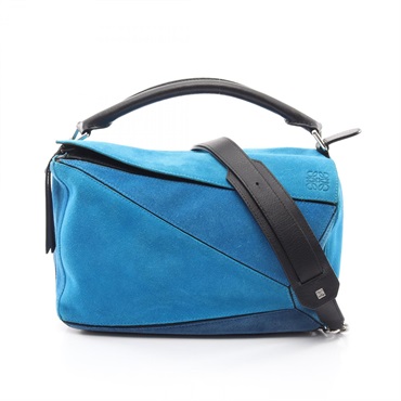 LOEWE Puzzle Medium Shoulder Handbag leather Suede Blue Black Used Women