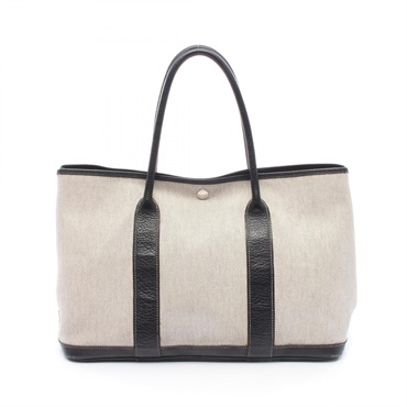 HERMES Garden party PM Tote Bag Toile H canvas Buffalo leather Gray Black Used H