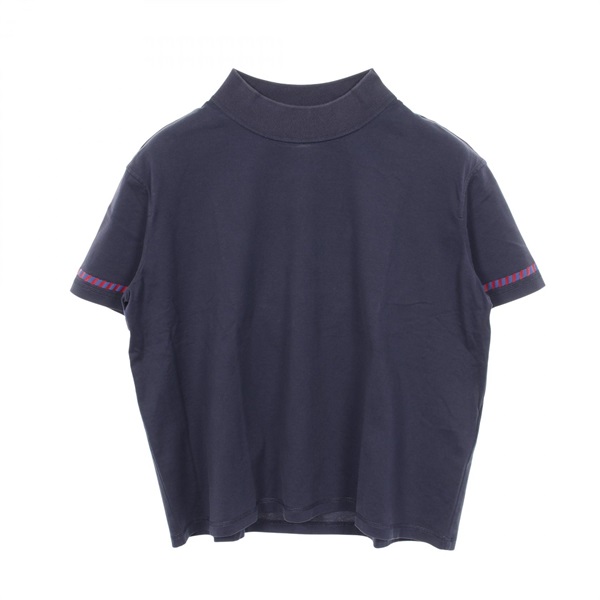 HERMES Canoe Mock Neck T-shirt #36 short sleeves cotton Navy Red Used Women