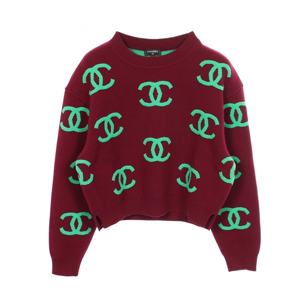 CHANEL COCO Mark Crew neck Knitwear Sweater #36 P70525K10076 cashmere Bordeaux