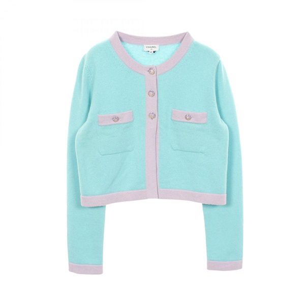 CHANEL COCO Mark Button Cardigan Sweater #38 cashmere Blue Purple Used Women