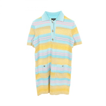CHANEL COCO Mark Border Dress #36 P74603K10672 cotton Fabric Blue Pink Used
