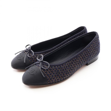 CHANEL BALLERINA Pumps Flat Shoes 38G02819 Fabric Navy Black Used Women ##38