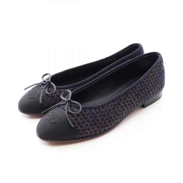 CHANEL BALLERINA Pumps Flat Shoes 38G02819 Fabric Navy Black Used Women ##38