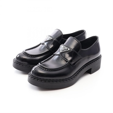 PRADA Triangular Logo Plate Loafers Shoes #38 leather Black Used Women