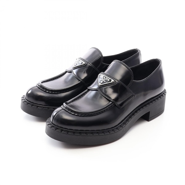PRADA Triangular Logo Plate Loafers Shoes #38 leather Black Used Women