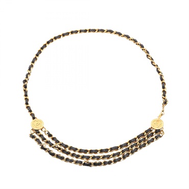 CHANEL COCO Mark Chain Belt Ceinture leather Gold Plated Black Used Women CC