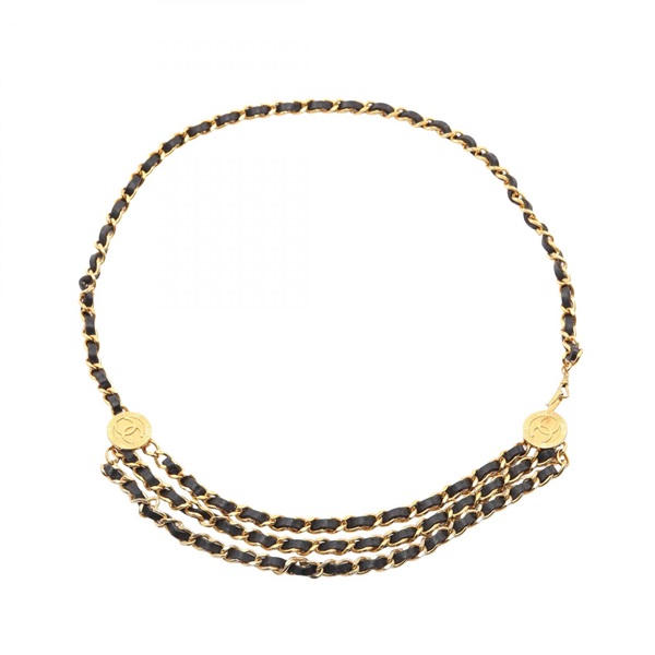 CHANEL COCO Mark Chain Belt Ceinture leather Gold Plated Black Used Women CC