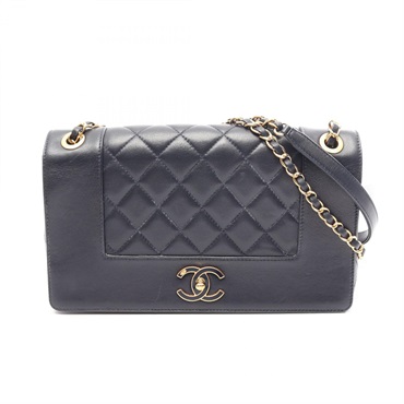 CHANEL Mademoiselle Matelasse W Flap Chain Shoulder Bag leather Navy Used GHW CC